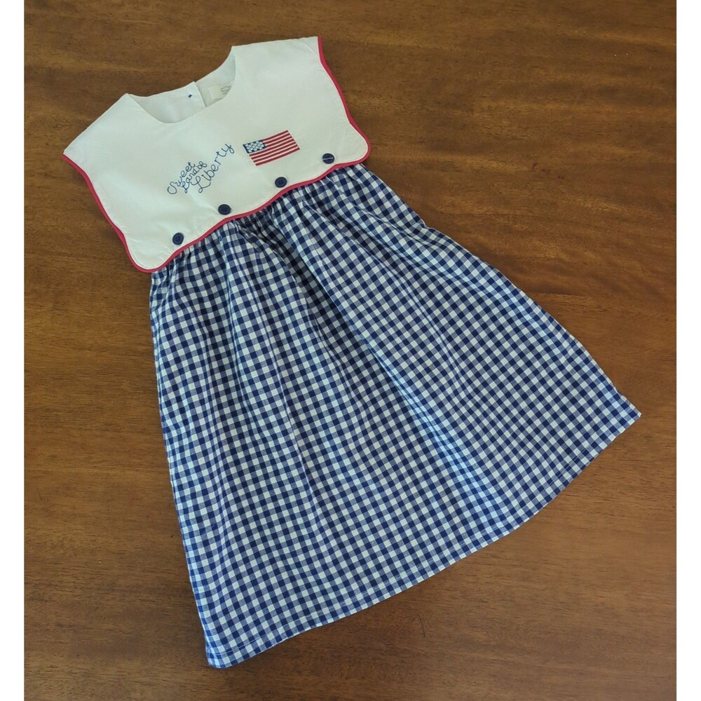 Honeydew USA girls Patriot embroidere A line Dress Blue ghigam 100% cotton size6